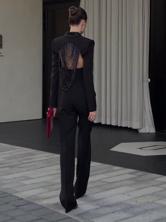 Black Backless Beaded Cropped Blazer & High Waist Pants Set -