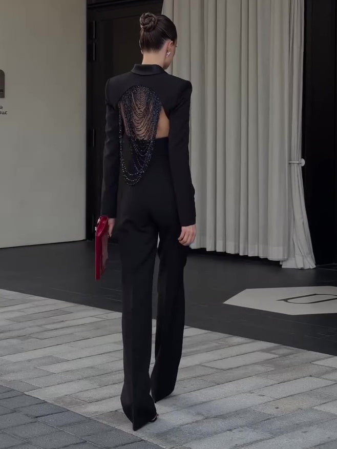 Black Backless Beaded Cropped Blazer & High Waist Pants Set -