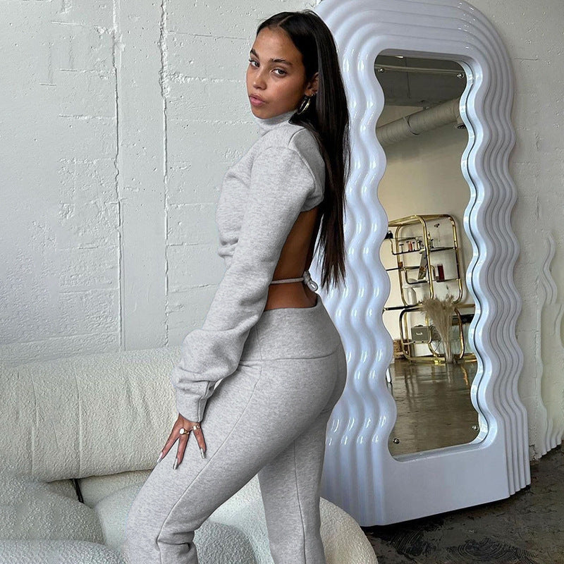 Women's Fashion Solid Color Long-sleeved Strappy Top Straight Pants Set -