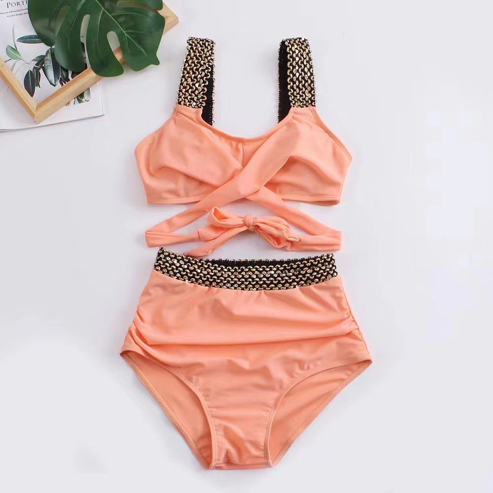 Ladies Two-Piece Bikini Crossover High Waist Swimsuit -