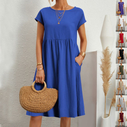 Rochie Vara Buzunare A-Line - Guler Rotund, Casual Elegantă, Culori Uni -