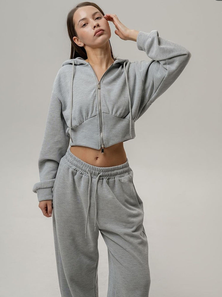 Long Sleeve Zipper Hooded Sweater Solid Color Laced Pants Two-piece Set -