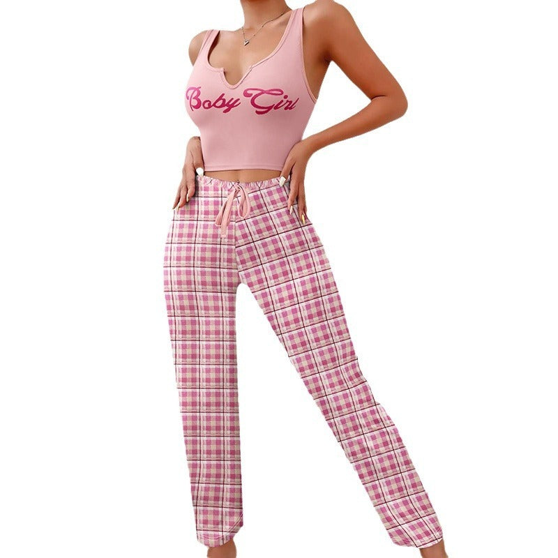 Spring Summer Women's Casual Pajamas Home Wear Vest Color Matching Plaid Trousers Letter Print Top Ladies 2 Pcs Home Clothes Sleepwear -
