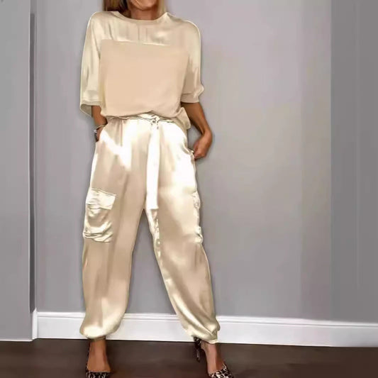 Fashion Women's Smooth Satin Half Sleeve Top Blouse And Pants Two-piece Set -
