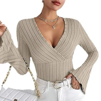 Bluză Feminină cu Dungi, Decolteu V - Slim Fit, Mânecă Lungă -