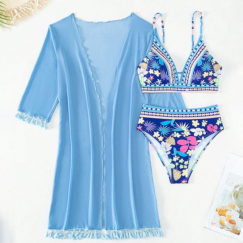 Printed Bikini Three-piece Swimsuit Mesh Sunscreen -