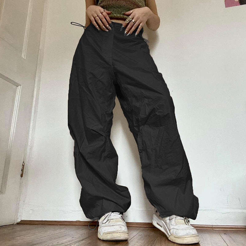 Summer New European And American Sports Style Solid Color Basic Overalls Loose All-matching Casual Trousers High Waist Wide Leg Pants For Women -