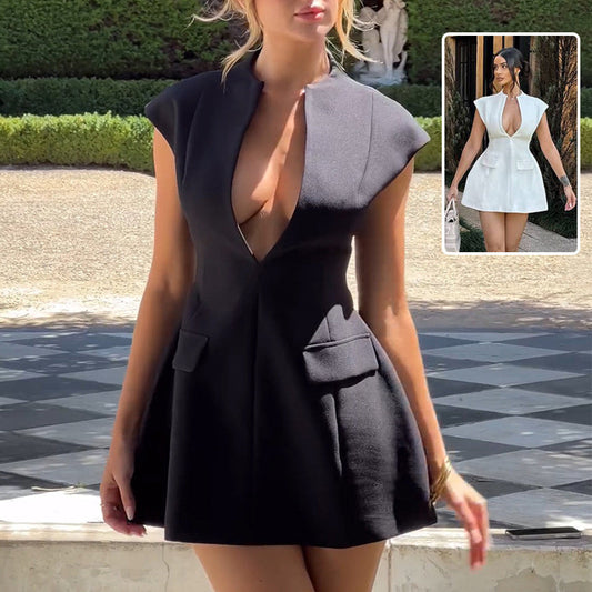 Rochie Scurtă Evazată - Decolteu V Adânc, Cardigan, Siluetă Slim -