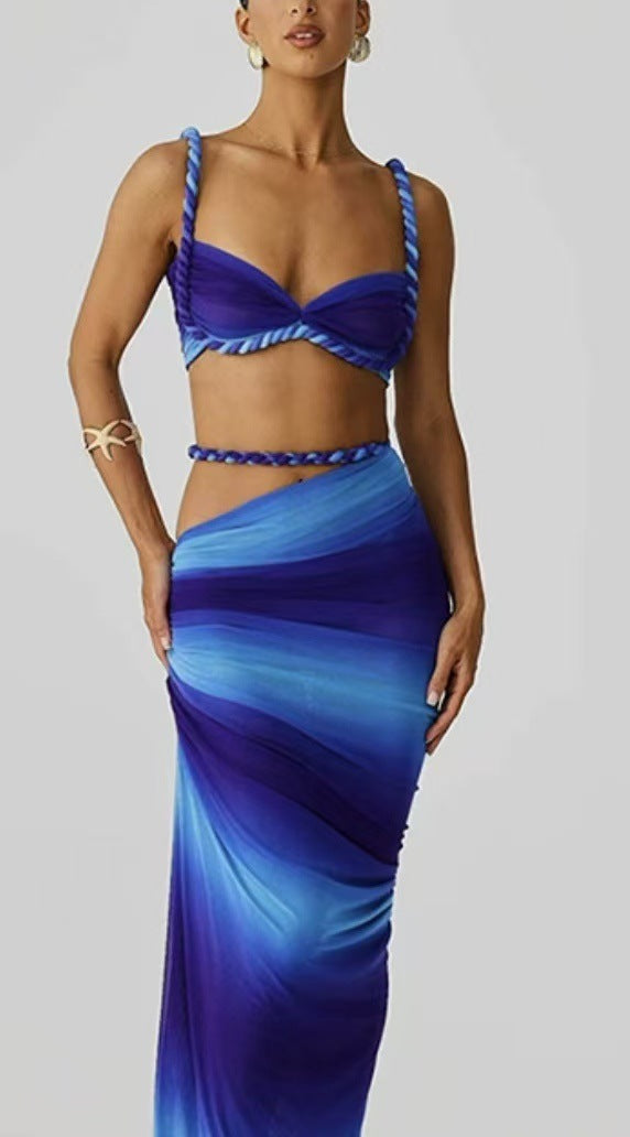 Backless Halter Suspender Sheath Skirt Two-piece Suit -