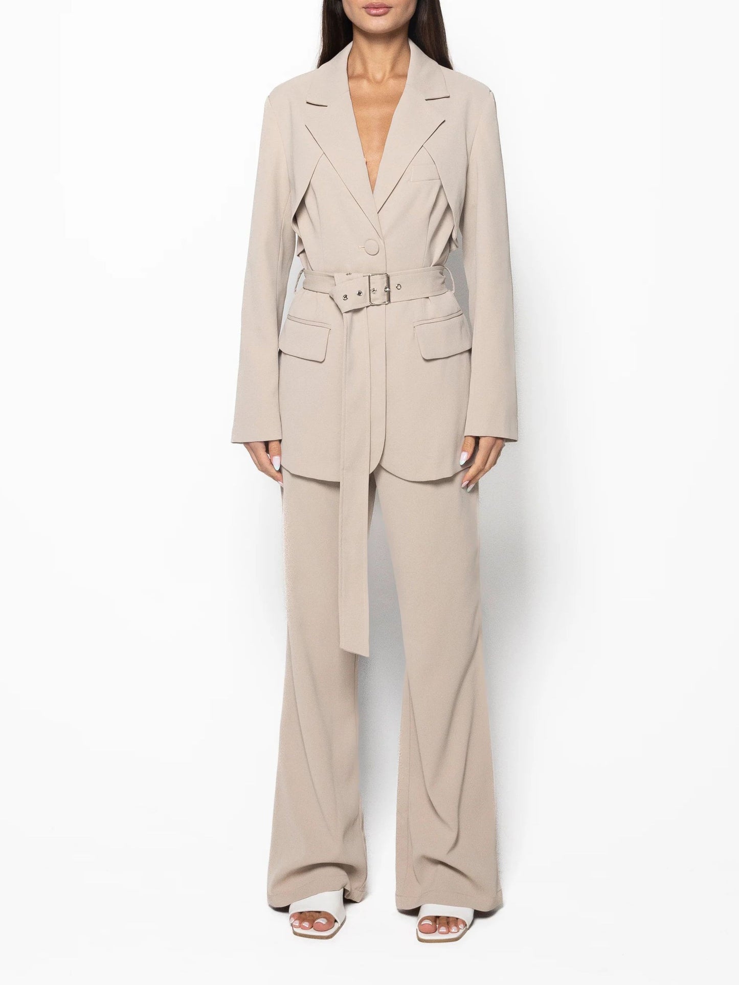 Elegant Solid Color Belted Blazer & High Waist Pants Set -