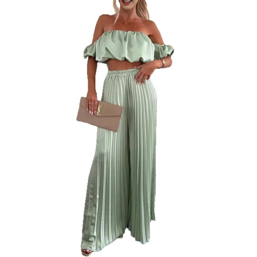 Women's Fashion Satin Tube Top Wide Leg Pants Suit -
