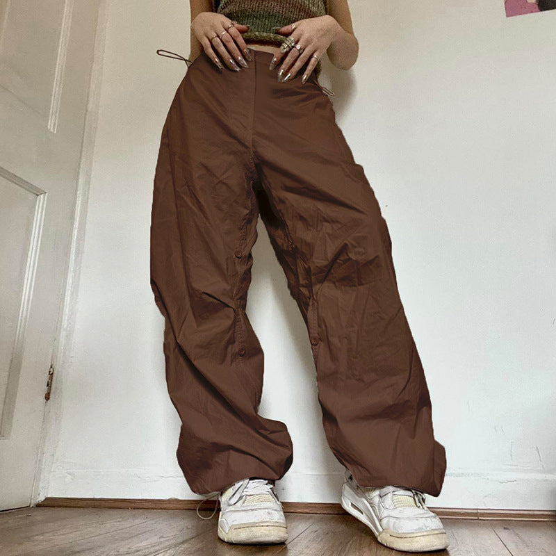 Summer New European And American Sports Style Solid Color Basic Overalls Loose All-matching Casual Trousers High Waist Wide Leg Pants For Women -