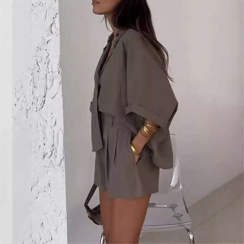 Fashion Polo Collar Half Sleeve Top And Shorts Two-piece Set -
