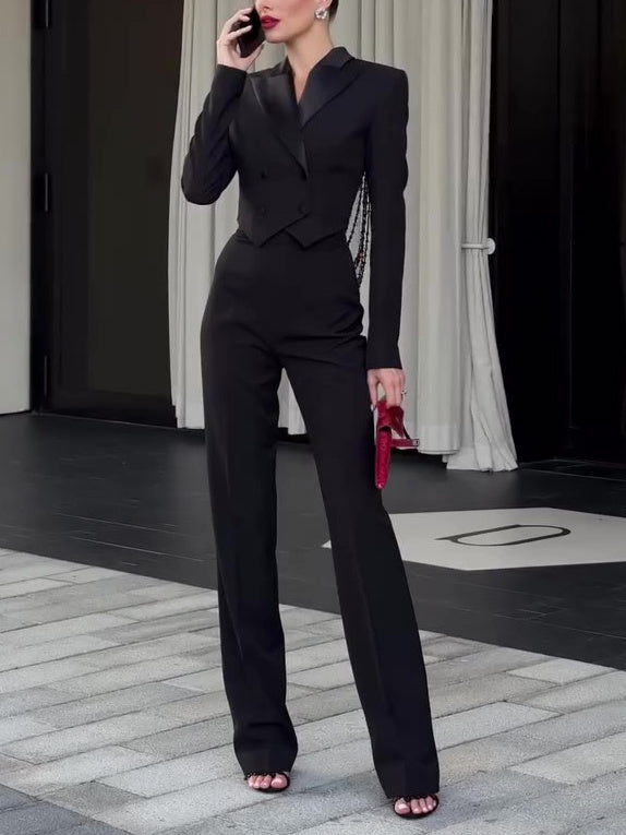 Black Backless Beaded Cropped Blazer & High Waist Pants Set -