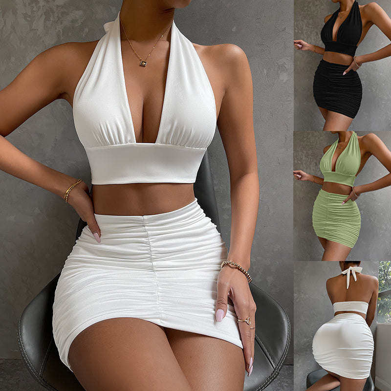 Set Vară - Top Halter Reglabil, Fustă Pliuri Scurtă -