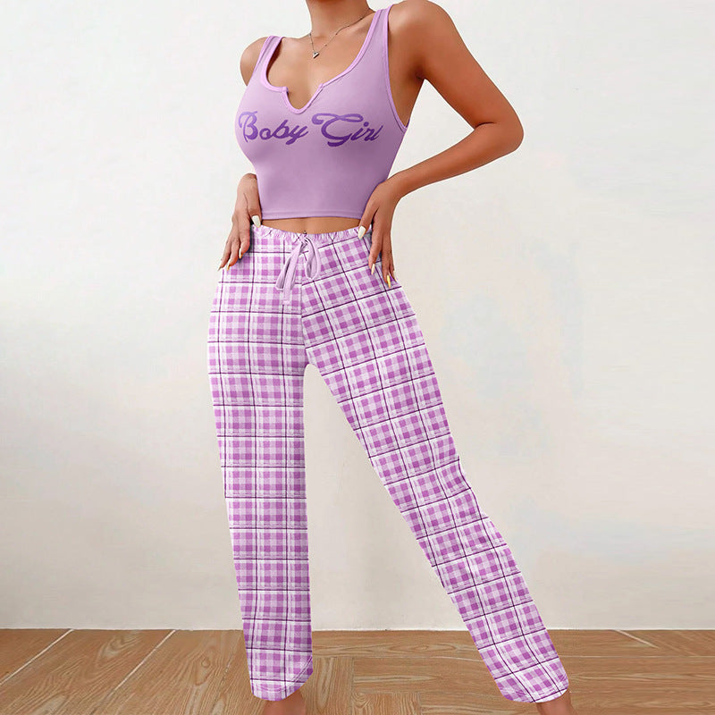 Spring Summer Women's Casual Pajamas Home Wear Vest Color Matching Plaid Trousers Letter Print Top Ladies 2 Pcs Home Clothes Sleepwear -