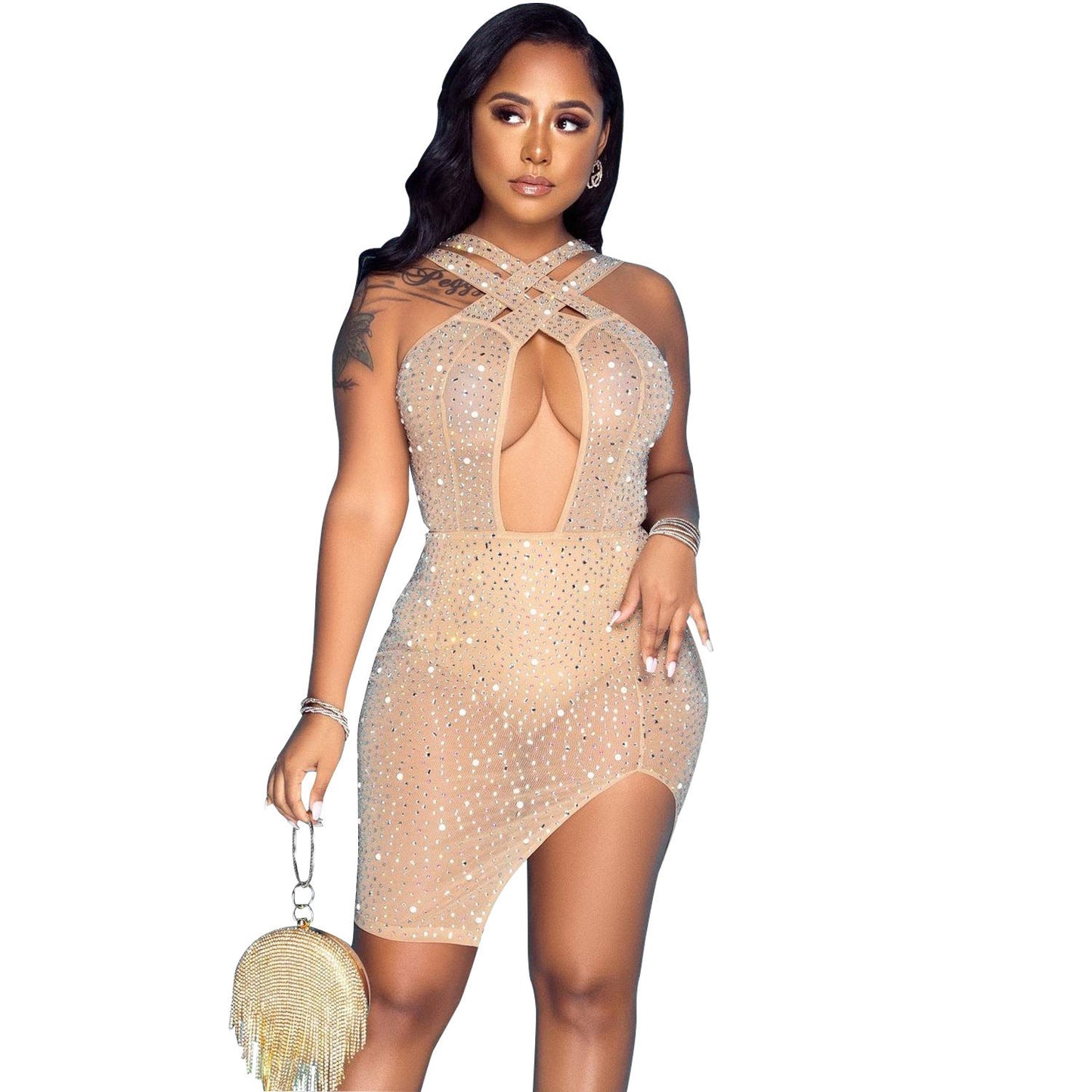 Women's Sexy Mesh Hot Drilling Nightclub Party Dress -
