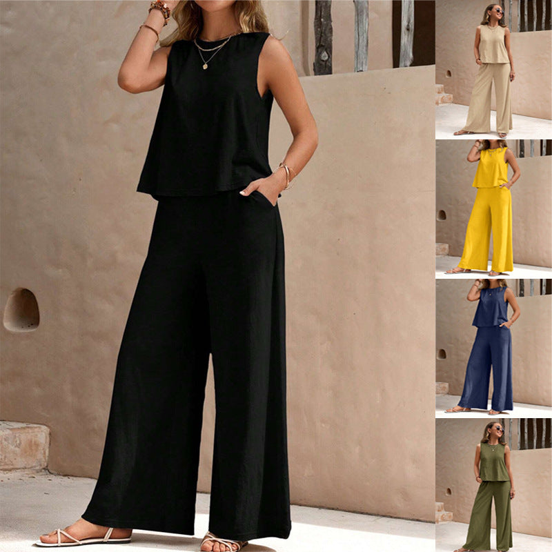 Solid Color Casual Loose Pants Sets For Women Elegant Spring Summer Women's Two Pieces Suit Full Trouser Set Female Outfit Clothes -