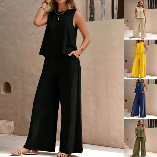 Solid Color Casual Loose Pants Sets For Women Elegant Spring Summer Women's Two Pieces Suit Full Trouser Set Female Outfit Clothes -