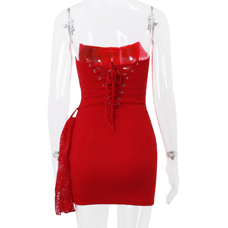 Rochie de Seară din Dantelă - Șireturi Reglabile, Spate Liber -