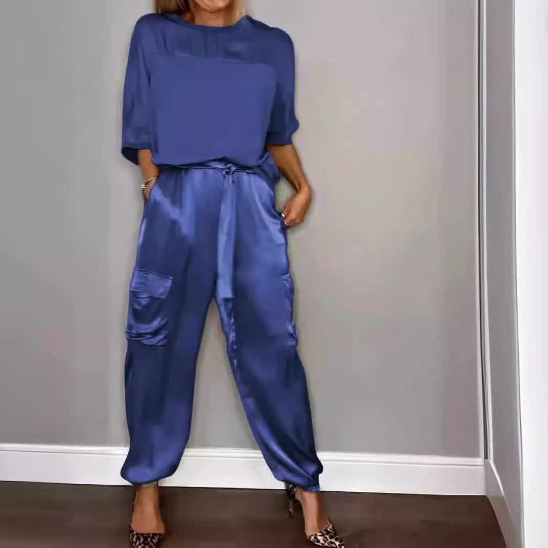 Fashion Women's Smooth Satin Half Sleeve Top Blouse And Pants Two-piece Set -