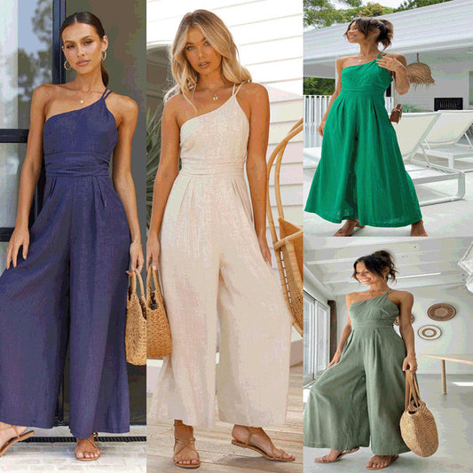 New Solid Color Loose Wide-leg Cotton And Linen Jumpsuit -