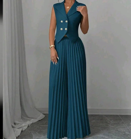 Summer Sleeveless Suit Fashion Lapel Button Vest Top And Pleated Straight Pants Women's Trousers Set Clothing JOJO Lingerie