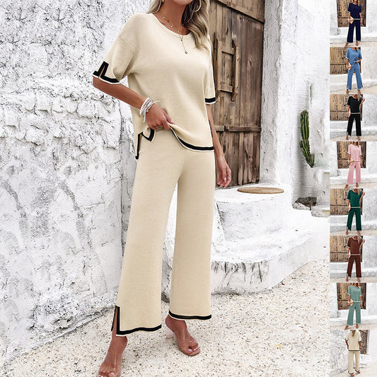 Set Feminin din 2 Piese: Tricou Fentă + Pantaloni Largi -