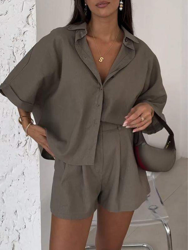 Fashion Polo Collar Half Sleeve Top And Shorts Two-piece Set -
