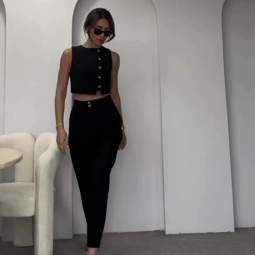 Sleeveless Vest Top High Waist Straight Pants Solid Color Two-piece Set -