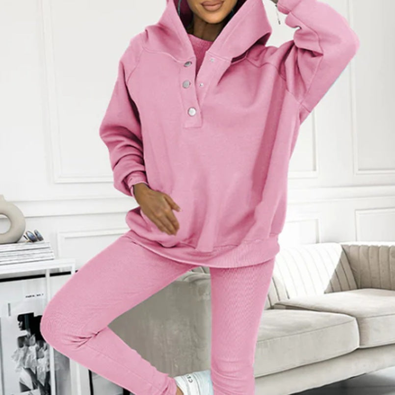 3pcs Women's Sports Suit Loose Hooded Pockets Sweatshirt And Vest And Slim Trousers -