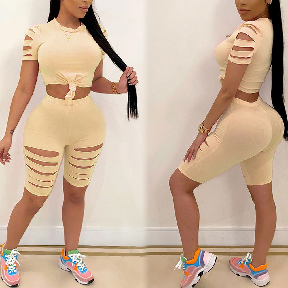 Fashion Casual Sports Suit Broken Hole Women Clothing -
