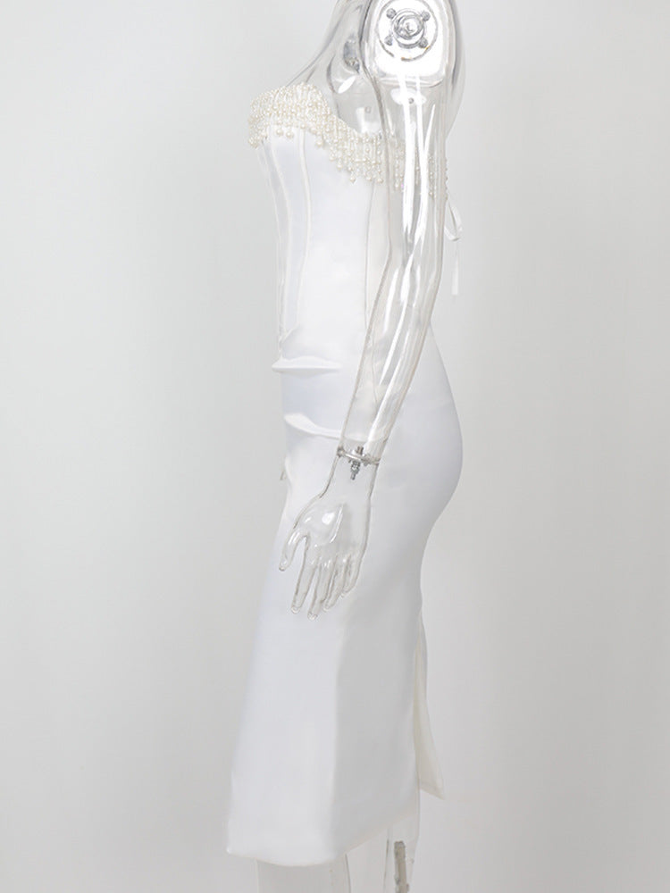 Rochie de Seară - Umeri Liberi, Decor Nervuri și Perle -