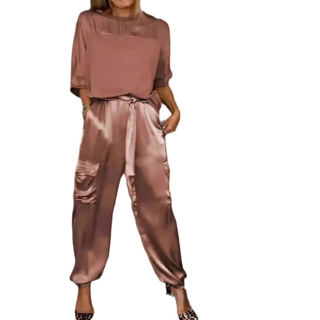 Fashion Women's Smooth Satin Half Sleeve Top Blouse And Pants Two-piece Set -
