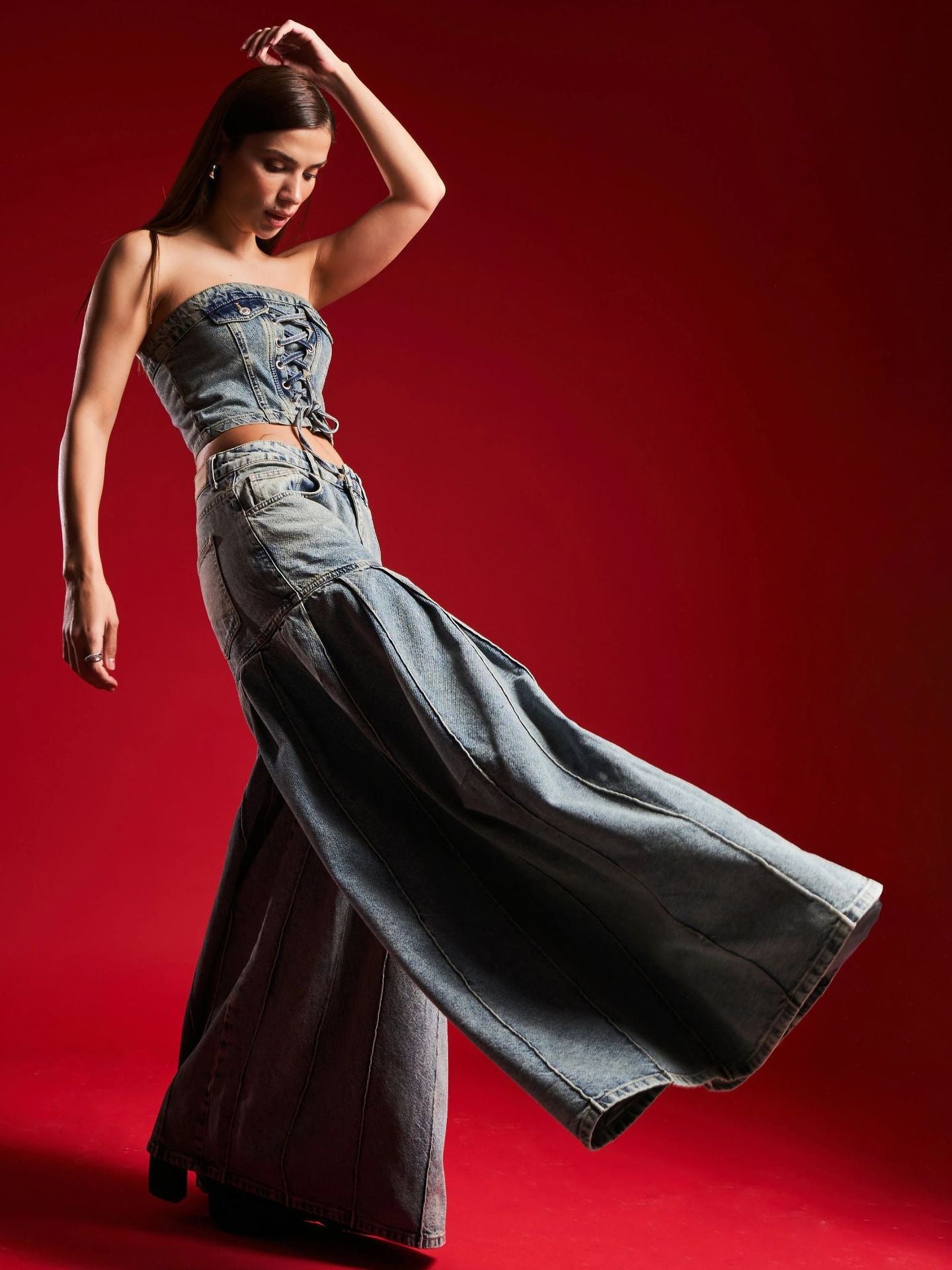Strapless Denim Corset Crop Top & High - Waisted Pleated  Wide - Leg Pants Set -