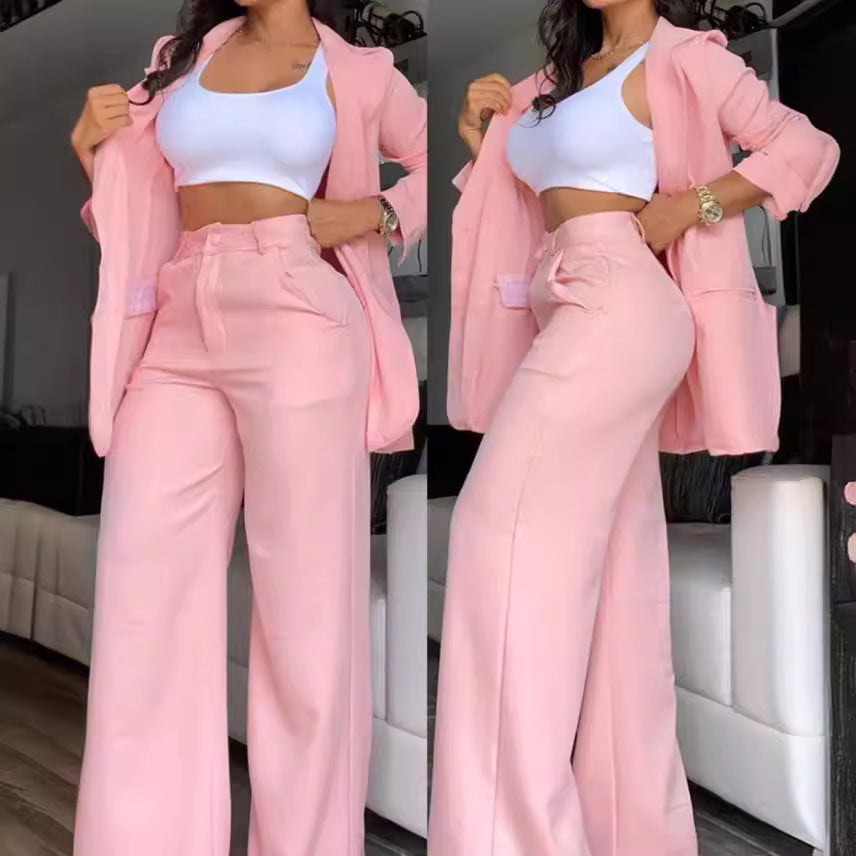 Pure Color Split Sleeve Lapel Suit Straight-leg Pants Suit Women -