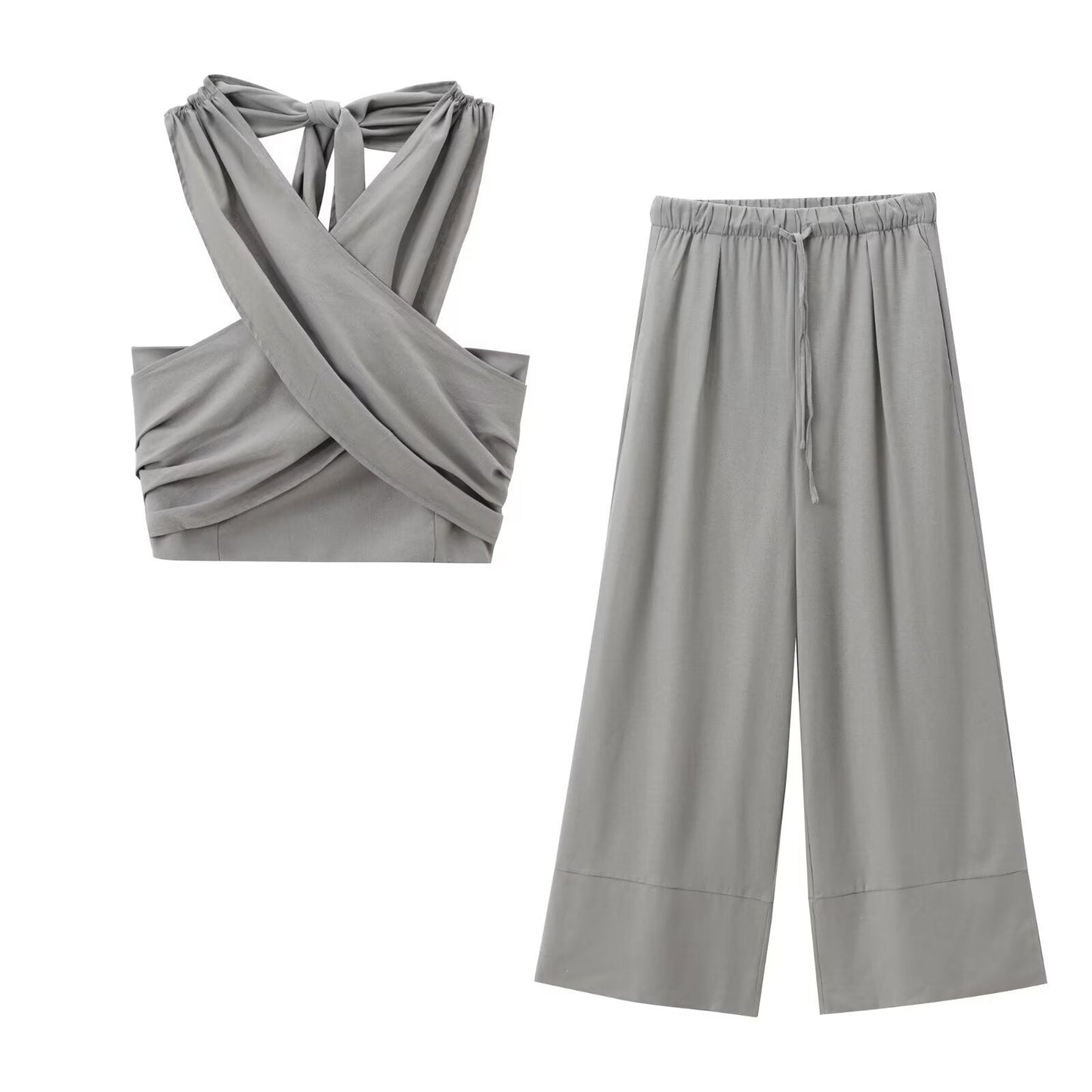 Hanging Collar Linen Top Wide Leg Pants Suit -