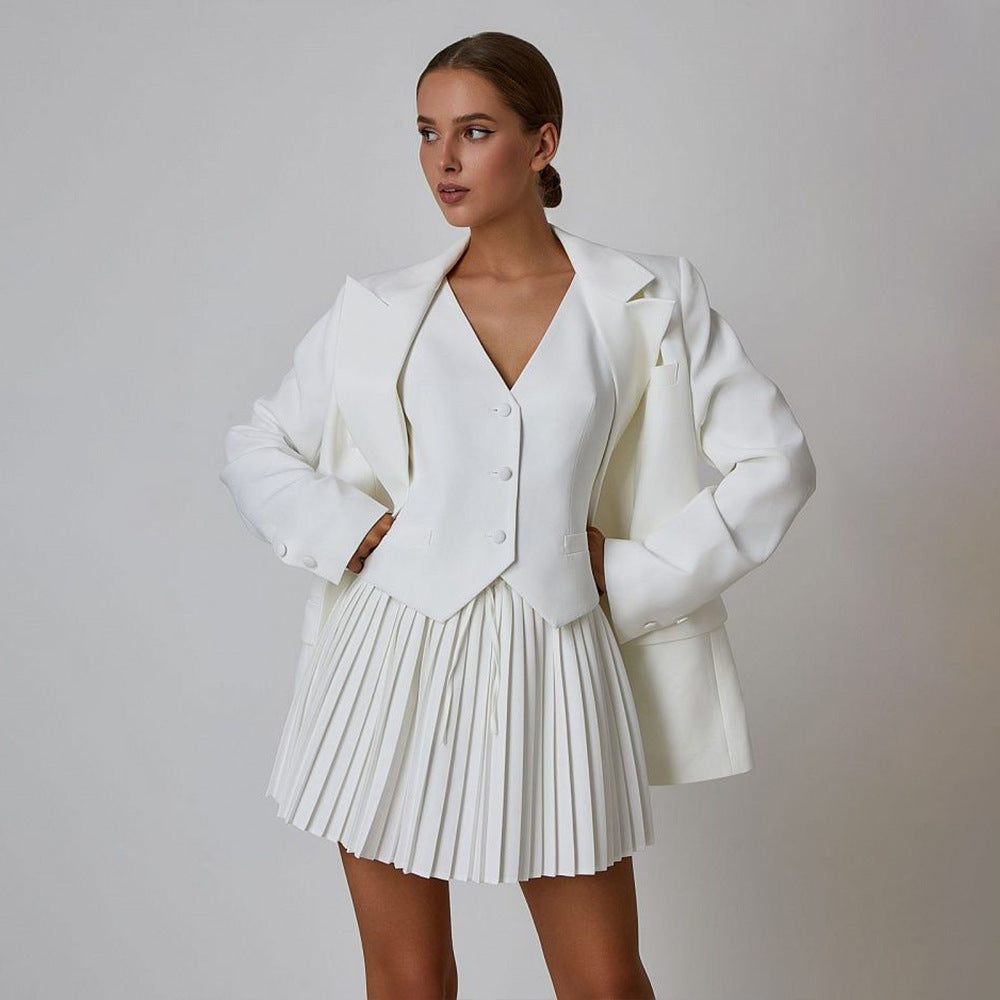 Ladies' Vest Solid Color Pleated Skirt Suit -