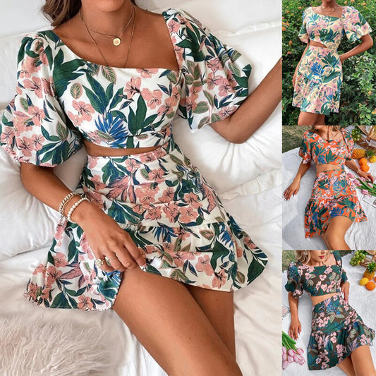 Women's Floral Short Sleeve Dress Two Piece Set -