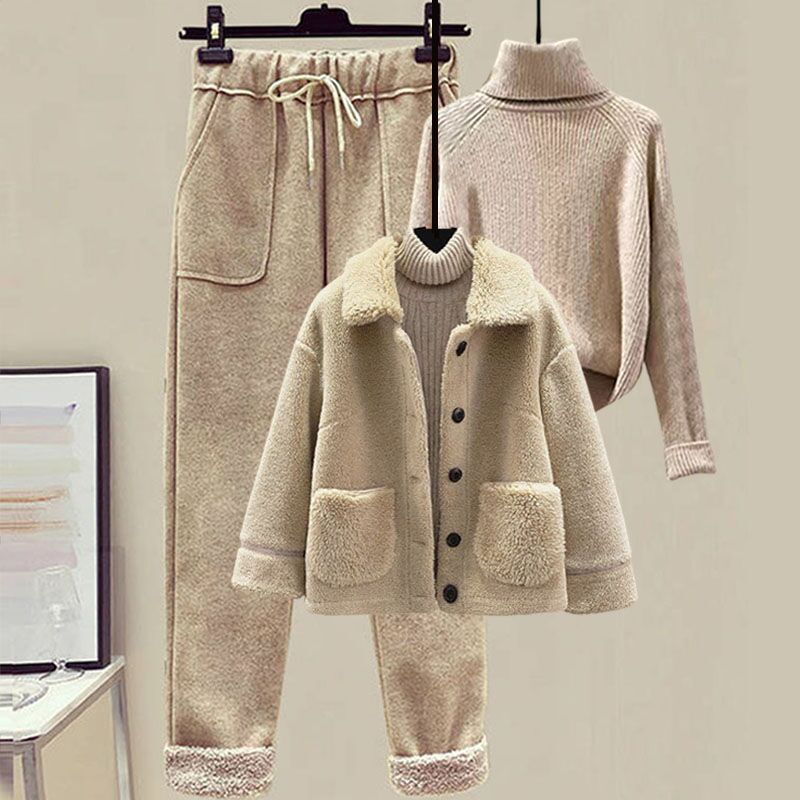Lamb Wool Fur Sweater Casual Pants Three Piece Set Fashion Suit Women -