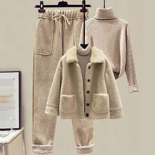 Lamb Wool Fur Sweater Casual Pants Three Piece Set Fashion Suit Women -