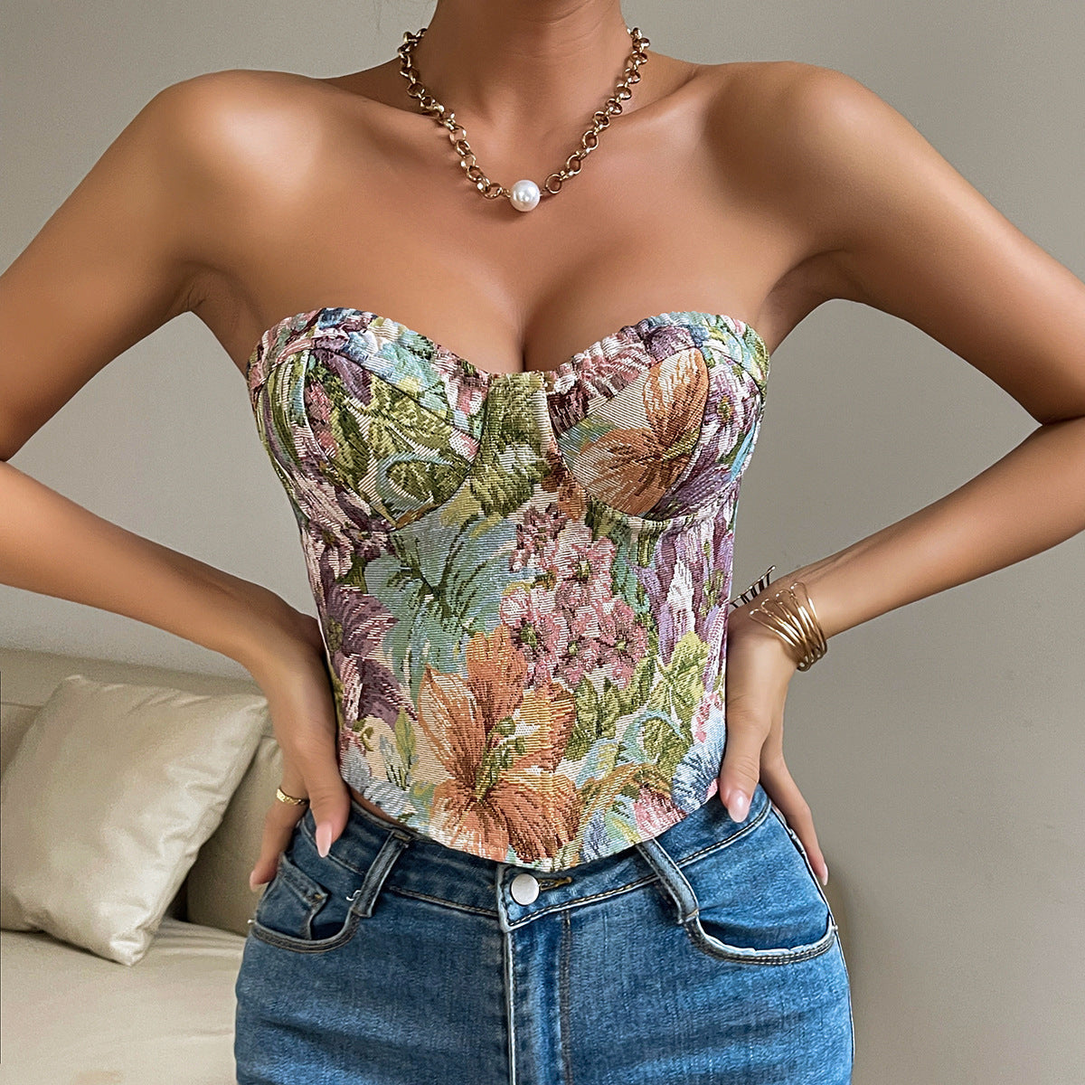 Y2K Floral Print Tube Vest Top With Back-tied Design INS Fashion Crop Corset Tank For Women Clothing -
