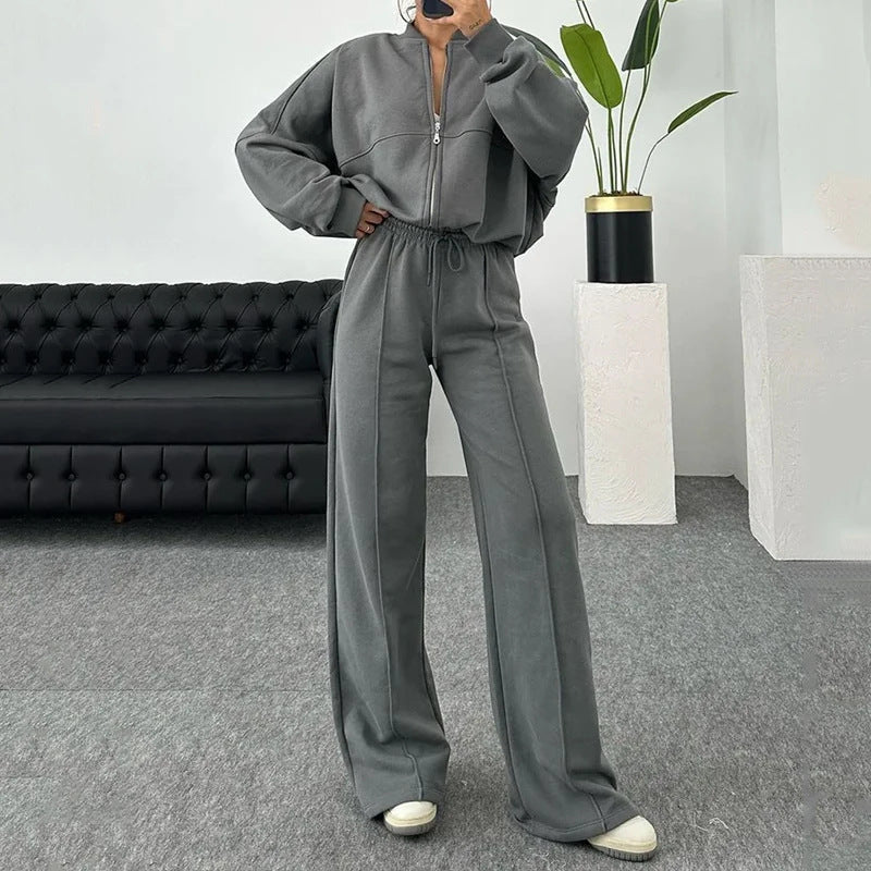 Solid Color Loose Zip Sweater Casual Versatile Trousers Suit -