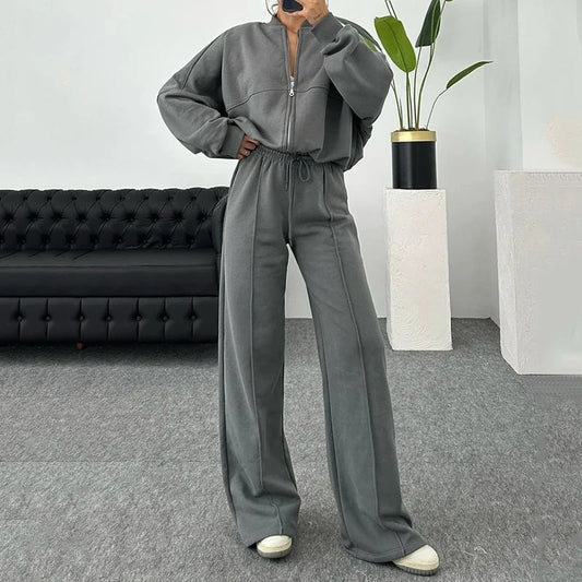 Solid Color Loose Zip Sweater Casual Versatile Trousers Suit -