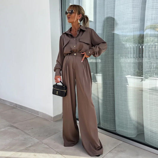Long Sleeve Faux Pocket Shirt & Loose Trousers Two-piece Set -