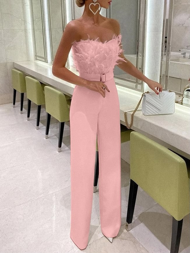 New European And American Feather Tube Top Fashion Jumpsuit -