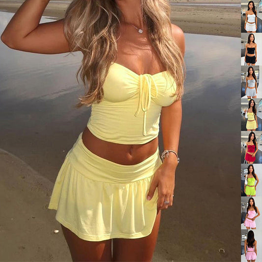 Women's Suits Summer Sleeveless Tube Top And Pleating Skirt Y2K Hot Girl Mid-length Dress Set -