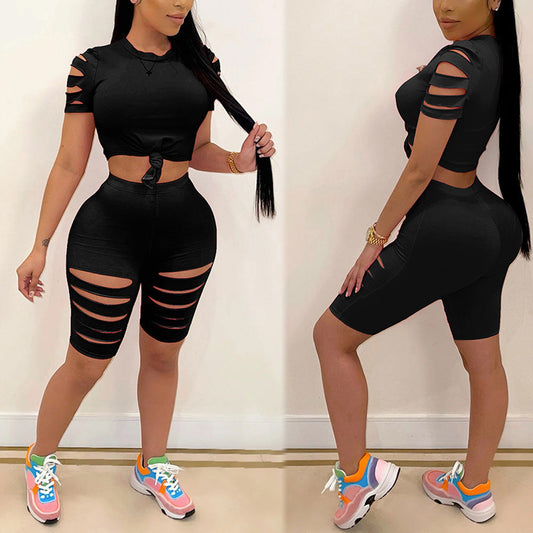 Fashion Casual Sports Suit Broken Hole Women Clothing -