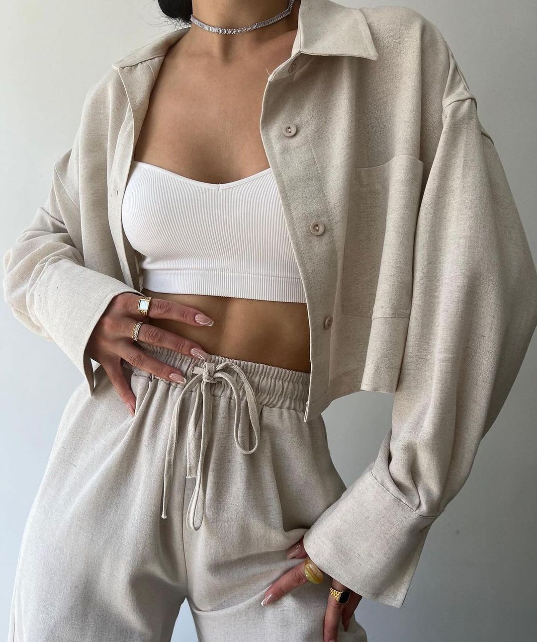 Solid Color Long Sleeve Short Casual Shirt Drawstring Pants Suit -
