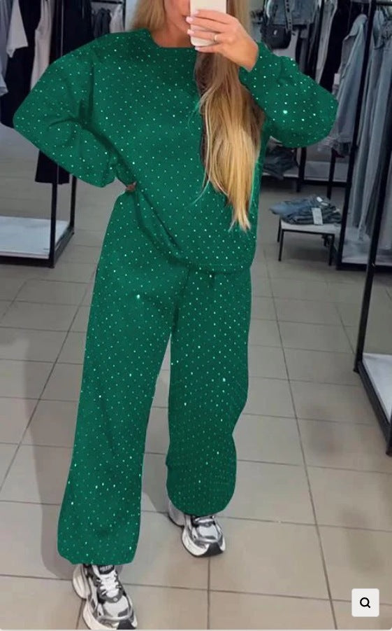 Women's Casual Round Neck Drilling Drawstring Ankle-tied Two-piece Suit -